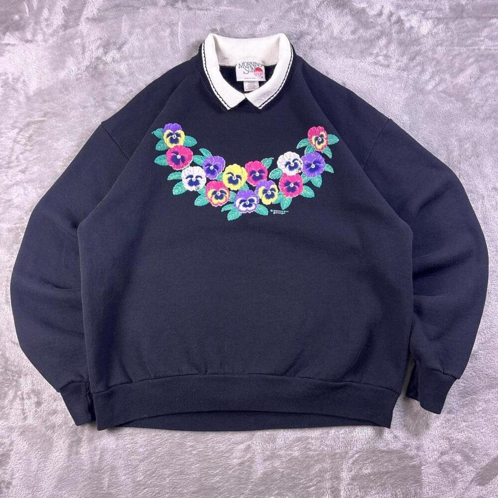 Vintage Morning Sun Pansy Floral Sweatshirt Women’s Large Black Made in USA